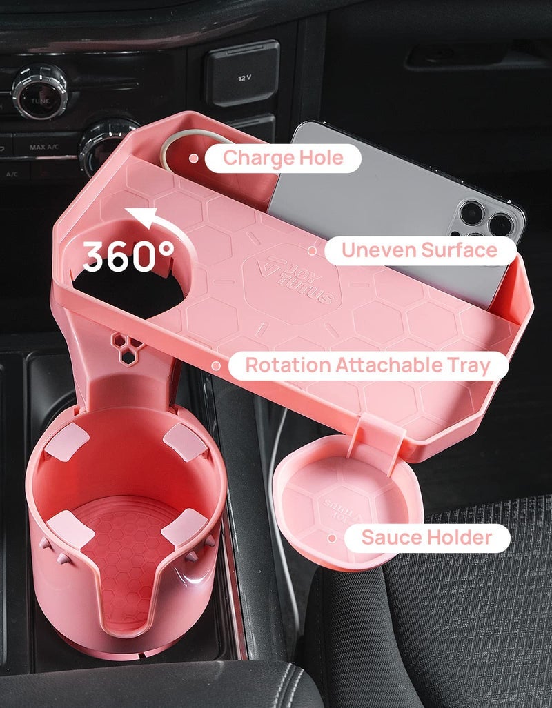 JoyTutus Cup Holder Tray for Car, Car Cup Holder Expander with 360Â°Rotation Tray, Large Cup Drink Holder Fit for Yeti/Hydro Flask, Detachable Food Tray Table, Pink Car Accessories - Image 2